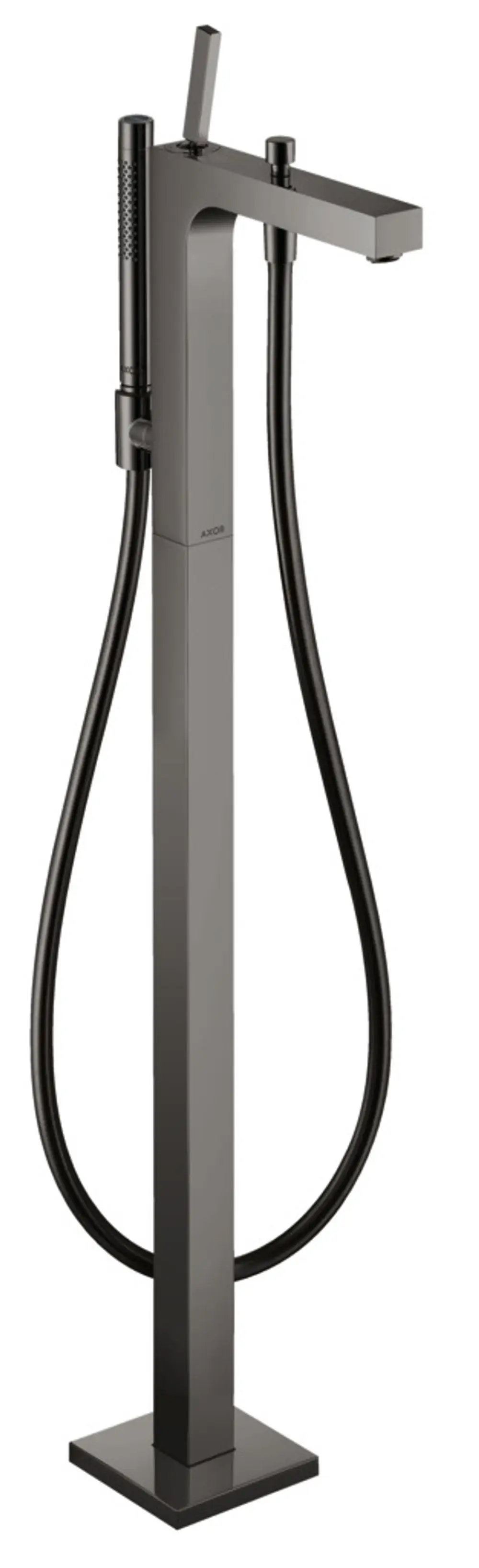 Bodenstehender Einhebel-Wannenmischer in schwarzem Chrom mit ergonomischem Griff, hergestellt von AXOR. Geeignet für moderne Badgestaltung.